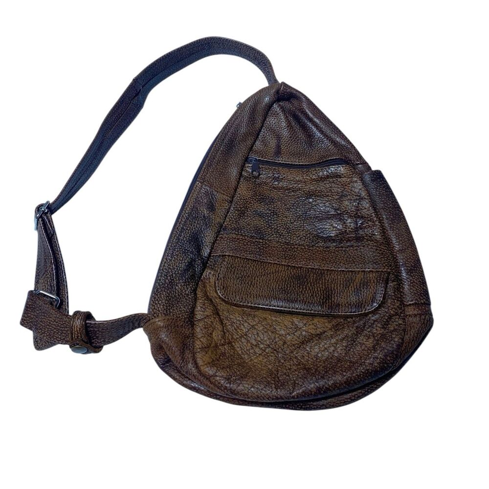 VTG Brown Pebbled Leather Teardrop Sling Bag Crossbody Backpack Multi-Pocket - Picture 2 of 12